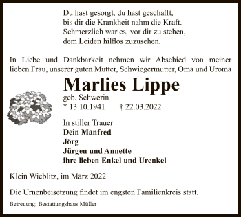 Traueranzeige von Marlies Lippe von UEL