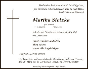 Traueranzeige von Martha Stetzka von UEL