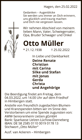 Traueranzeige von Otto Müller von UEL