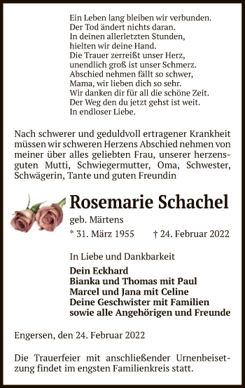 Traueranzeige von Rosemarie Schachel von UEL