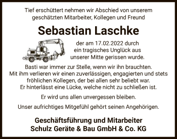 Traueranzeige von Sebastian Laschke von UEL