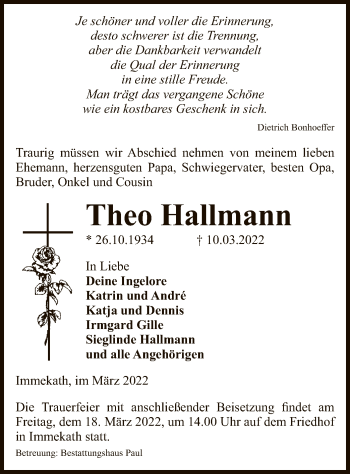 Traueranzeige von Theo Hallmann von UEL