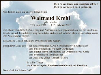 Traueranzeige von Waltraud Krehl von UEL