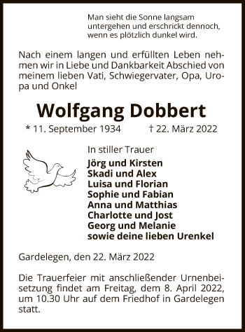 Traueranzeige von Wolfgang Dobbert von UEL