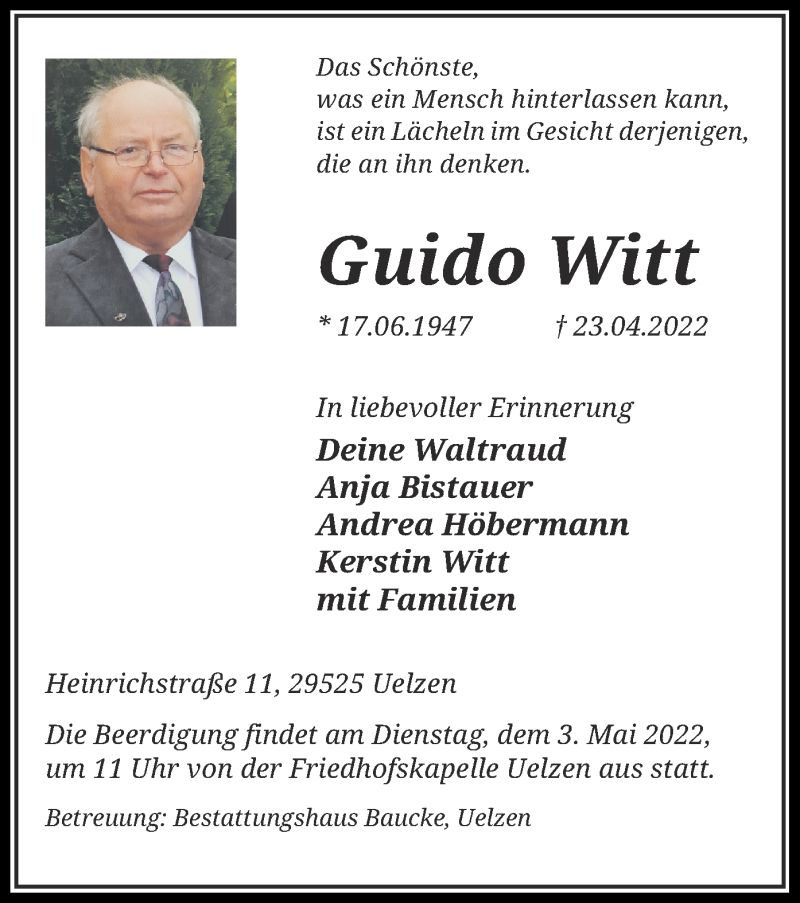  Traueranzeige für Guido Witt vom 27.04.2022 aus UEL