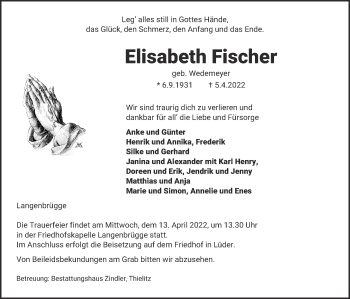 Traueranzeige von Elisabeth Fischer von UEL