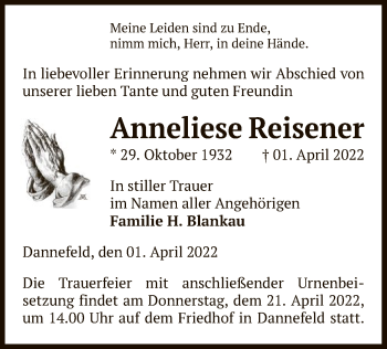 Traueranzeige von Anneliese Reisener von UEL