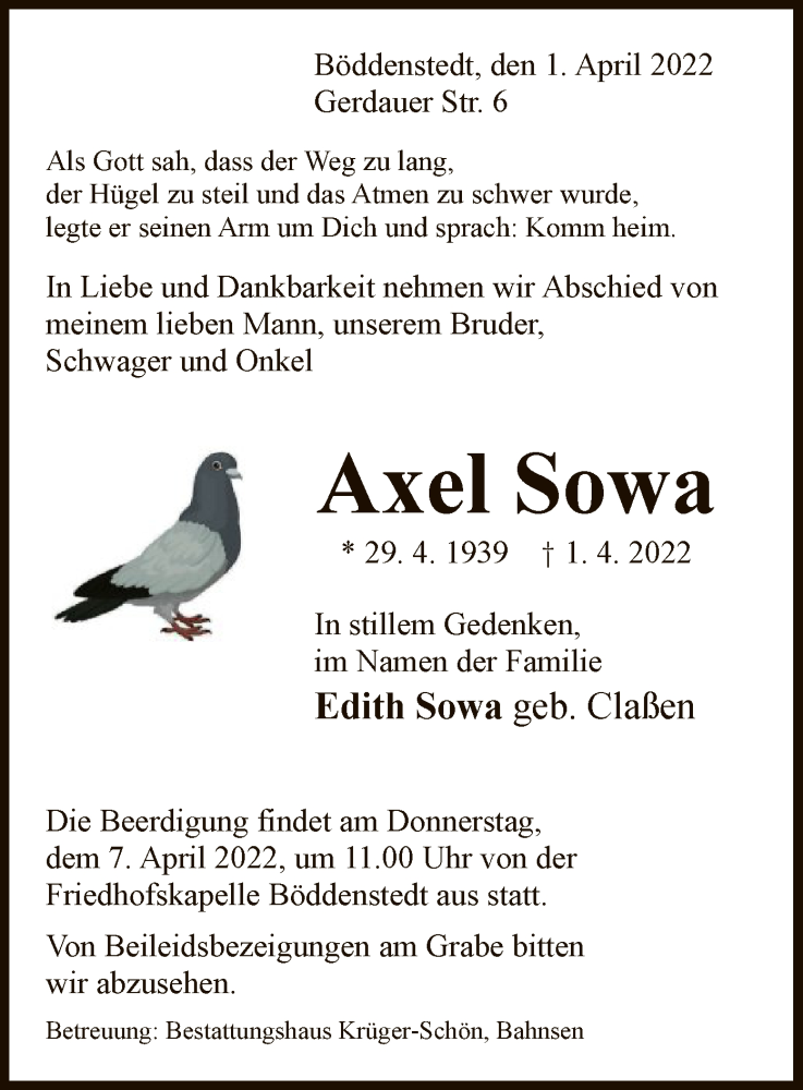  Traueranzeige für Axel Sowa vom 05.04.2022 aus UEL