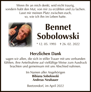 Traueranzeige von Bennet Sobolowski von UEL