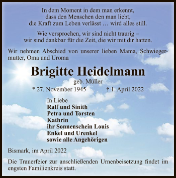 Traueranzeige von Brigitte Heidelmann von UEL