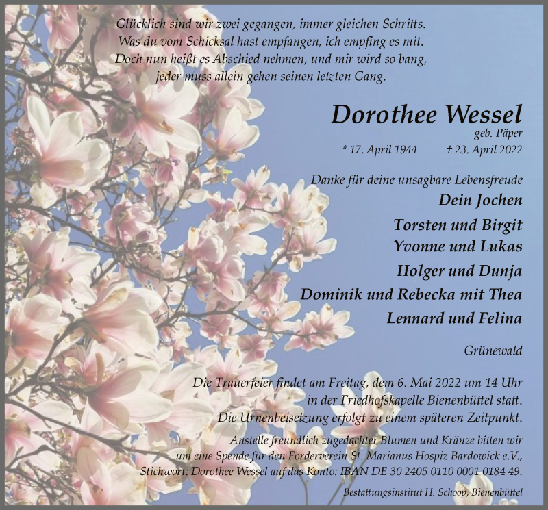  Traueranzeige für Dorothee Wessel vom 30.04.2022 aus UEL