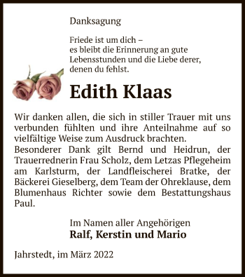 Traueranzeige von Edith Klaas von UEL