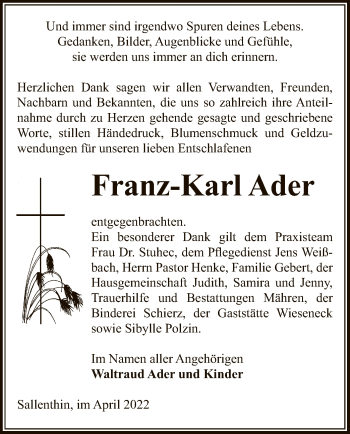 Traueranzeige von Franz-Karl Ader von UEL