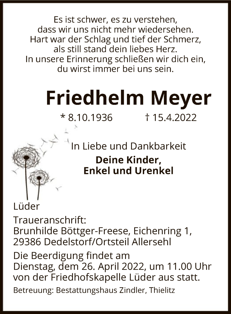  Traueranzeige für Friedhelm Meyer vom 21.04.2022 aus UEL