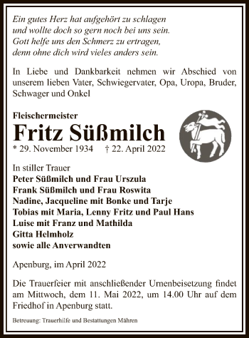 Traueranzeige von Fritz Süßmilch von UEL