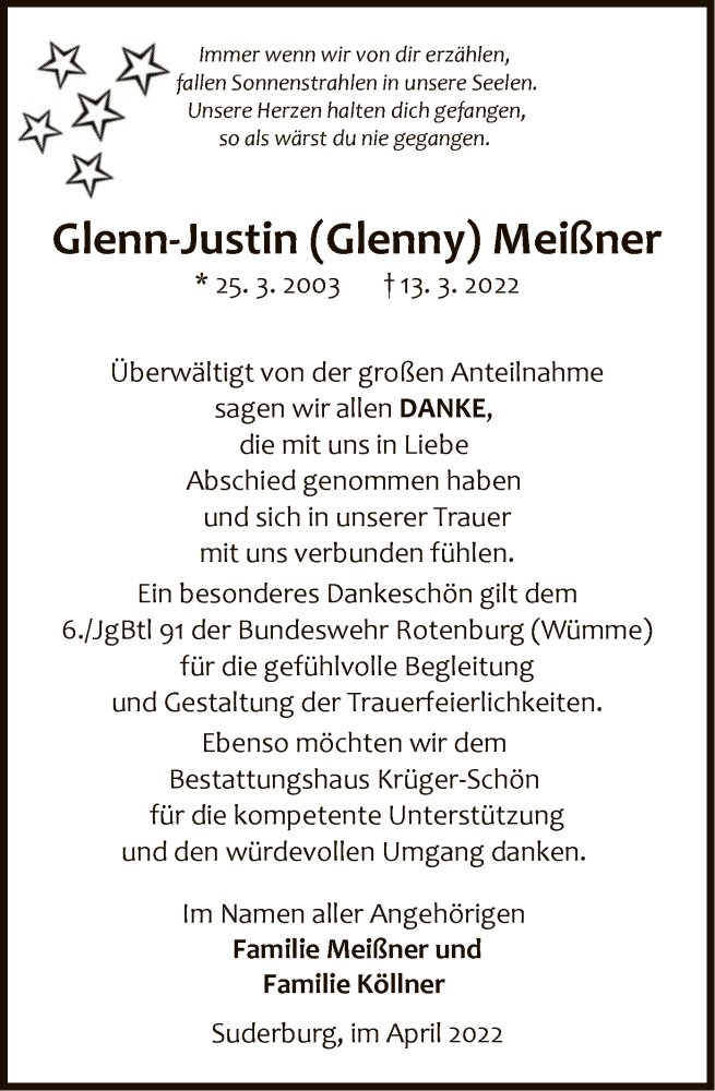  Traueranzeige für Glenn-Justin Meißner vom 23.04.2022 aus UEL