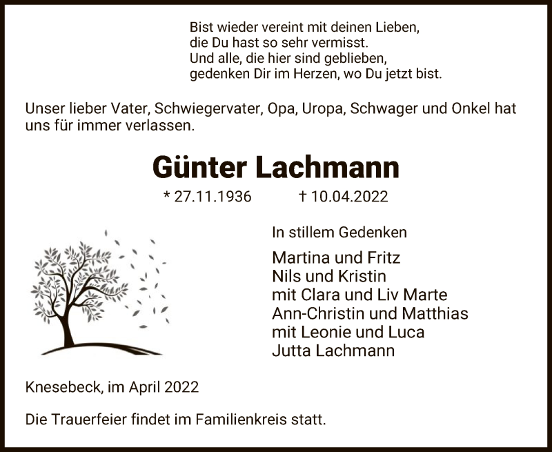  Traueranzeige für Günter Lachmann vom 12.04.2022 aus UEL