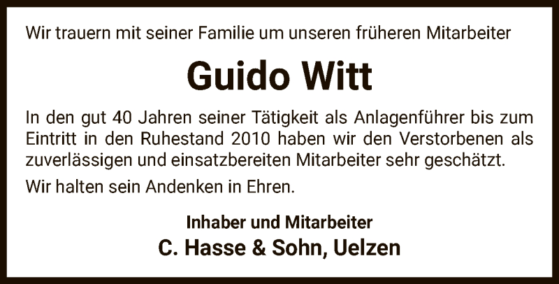  Traueranzeige für Guido Witt vom 30.04.2022 aus UEL