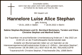 Traueranzeige von Hannelore Luise Alice Stephan von UEL