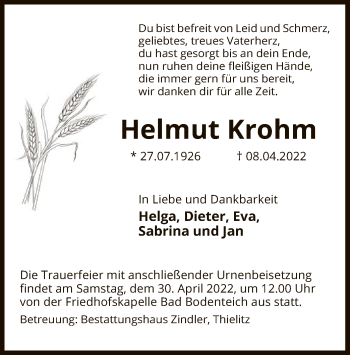 Traueranzeige von Helmut Krohm von UEL