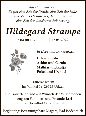 Traueranzeige von Hildegard Strampe von UEL