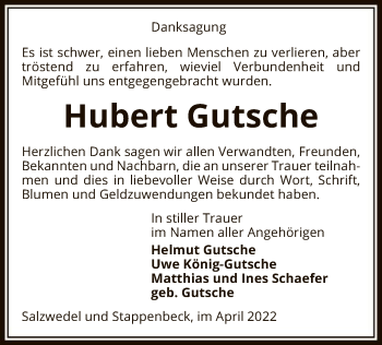 Traueranzeige von Hubert Gutsche von UEL