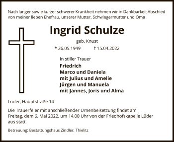 Traueranzeige von Ingrid Schulze von UEL