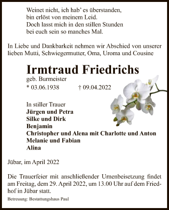 Traueranzeige von Irmtraud Friedrichs von UEL