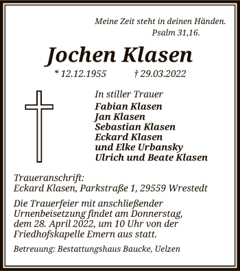 Traueranzeige von Jochen Klasen von UEL