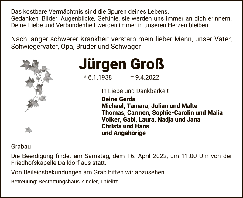  Traueranzeige für Jürgen Groß vom 13.04.2022 aus UEL