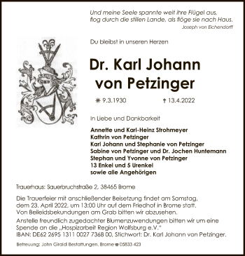 Traueranzeige von Karl Johann von Petzinger von UEL