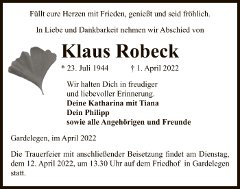 Traueranzeige von Klaus Robeck von UEL