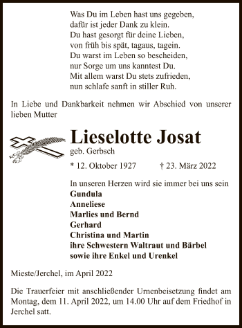 Traueranzeige von Lieselotte Josat von UEL