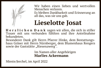 Traueranzeige von Lieselotte Josat von UEL