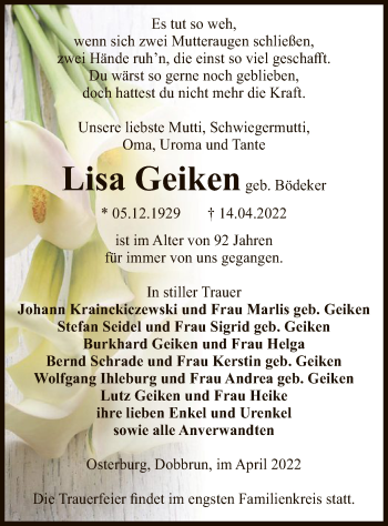 Traueranzeige von Lisa Geiken von UEL