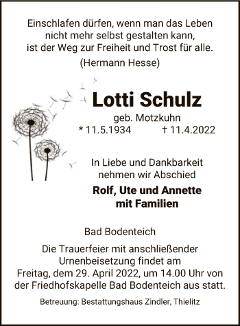 Traueranzeige von Lotti Schulz von UEL