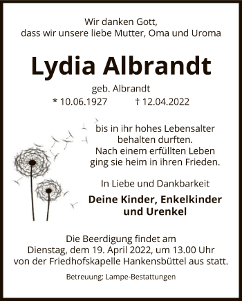 Traueranzeige von Lydia Albrandt von UEL