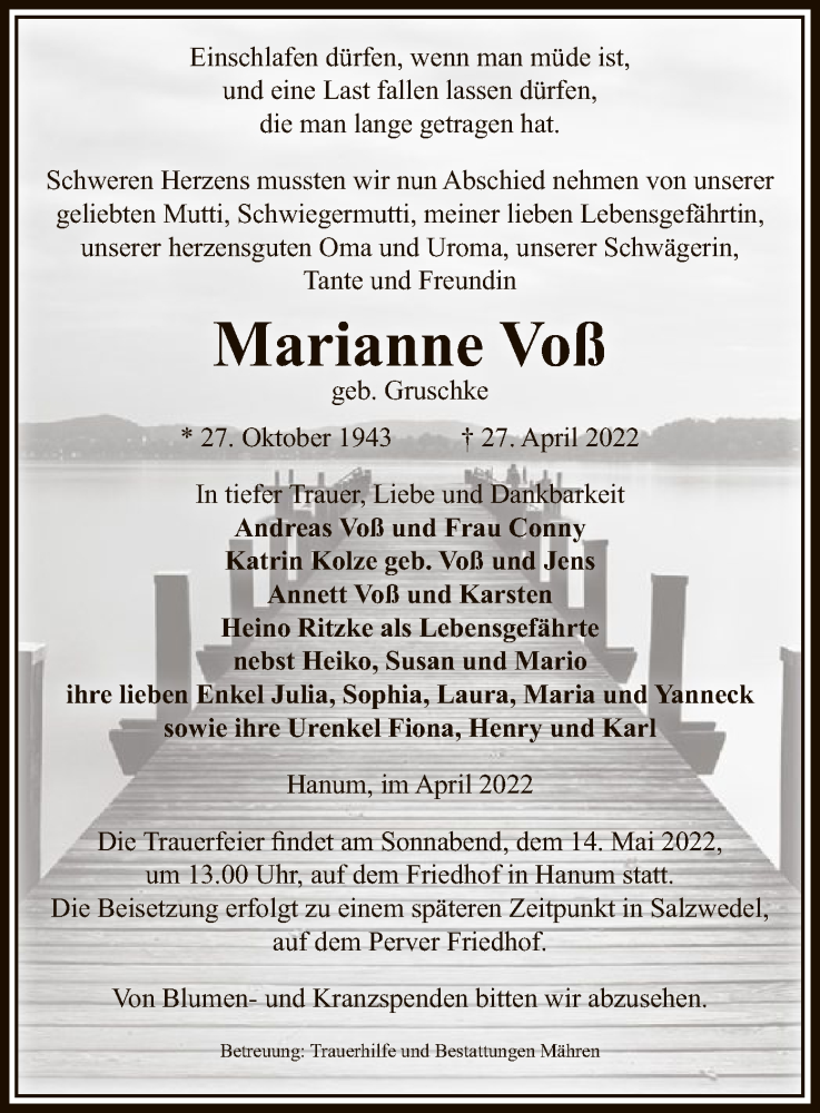  Traueranzeige für Marianne Voß vom 30.04.2022 aus UEL