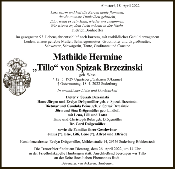 Traueranzeige von Mathilde Hermine von Spizak Brzezinski von UEL