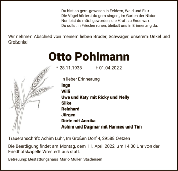 Traueranzeige von Otto Pohlmann von UEL