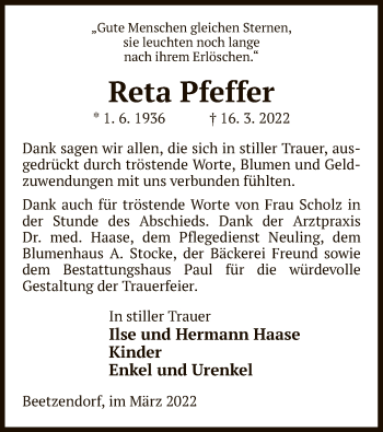 Traueranzeige von Reta Pfeffer von UEL