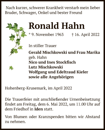 Traueranzeige von Ronald Hahn von UEL