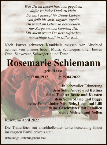 Traueranzeige von Rosemarie Schiemann von UEL