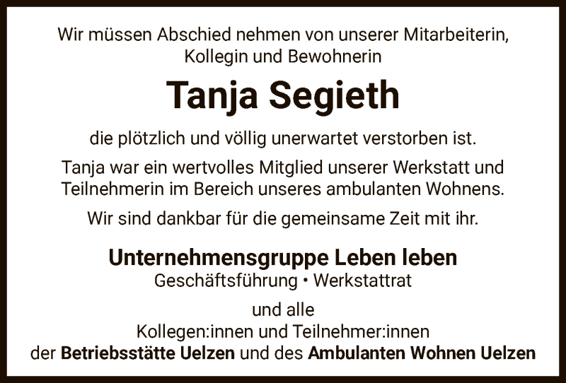  Traueranzeige für Tanja Segieth vom 23.04.2022 aus UEL