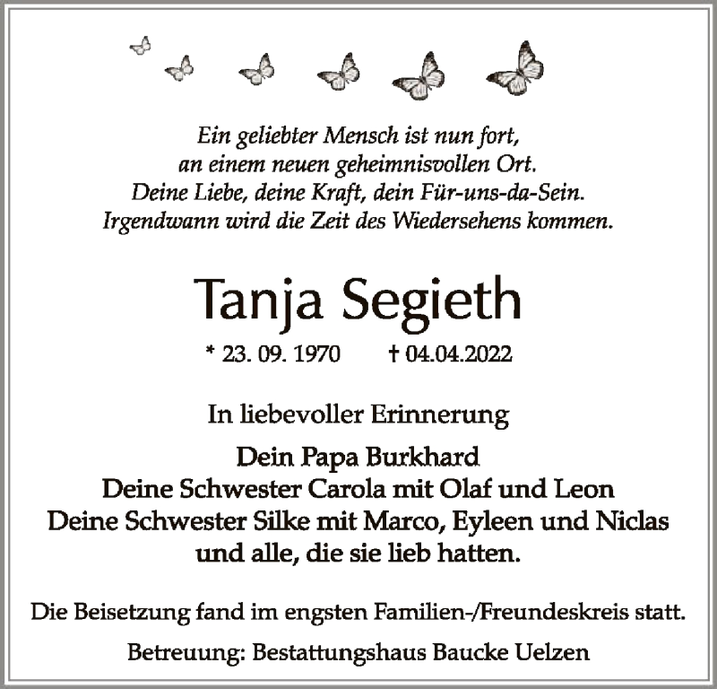  Traueranzeige für Tanja Segieth vom 23.04.2022 aus UEL