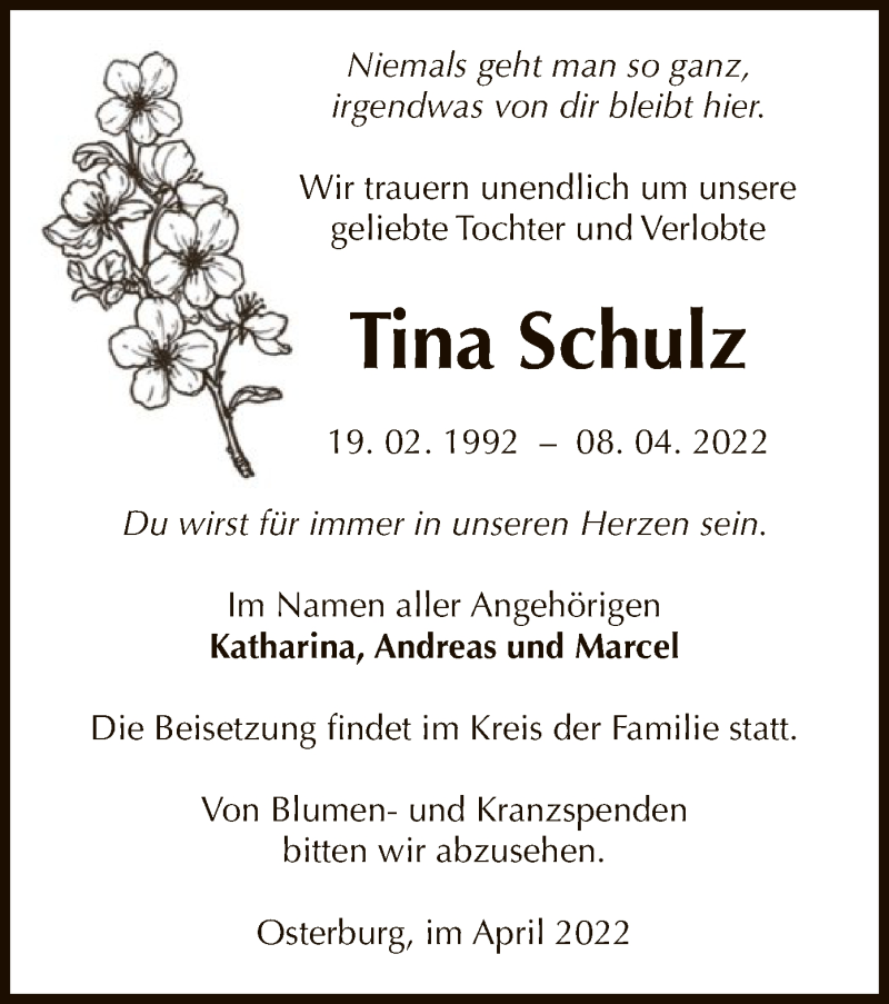  Traueranzeige für Tina Schulz vom 22.04.2022 aus UEL