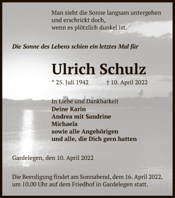 Traueranzeige von Ulrich Schulz von UEL