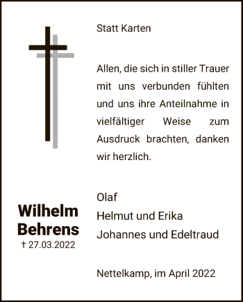 Traueranzeige von Wilhelm Behrens von UEL