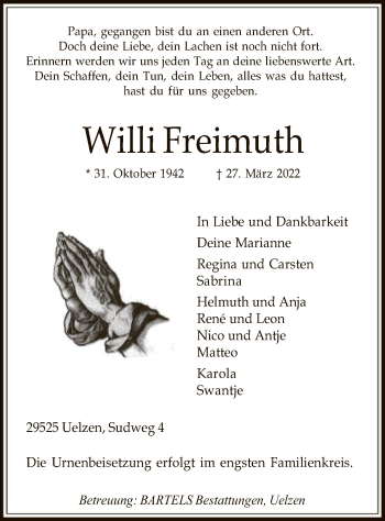 Traueranzeige von Willi Freimuth von UEL