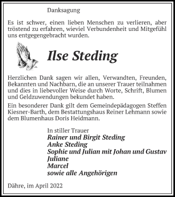 Traueranzeige von Ilse Steding von UEL